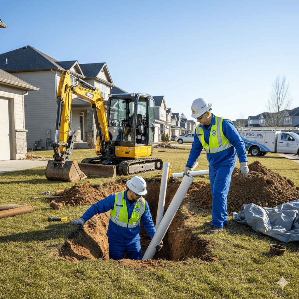 Complete sewer line replacement being performed using trenchless pipe bursting method at residential property in Hurst